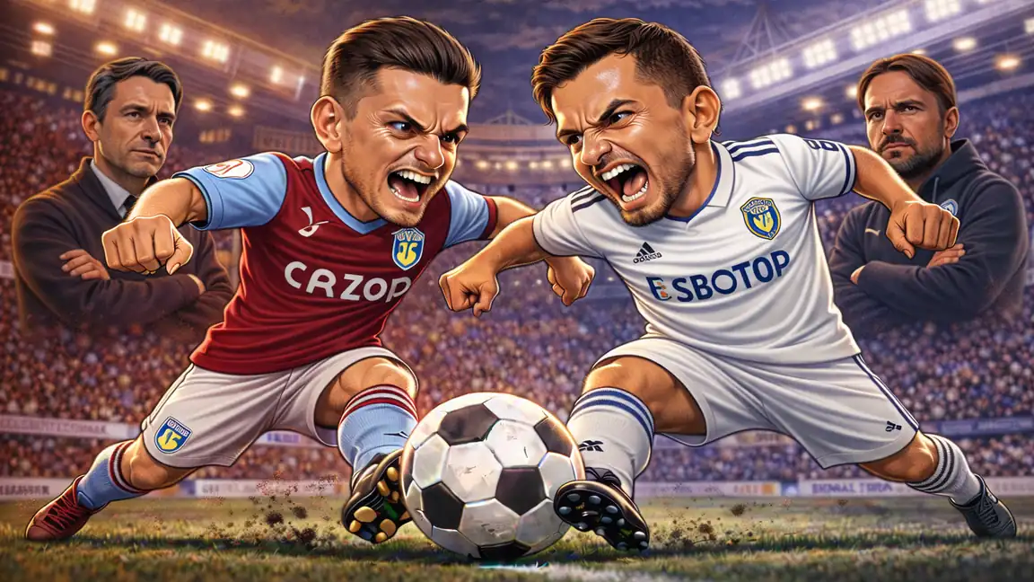 Caricature illustration of Aston Villa vs Leeds United ahead of Premier League match on 21 February 2026