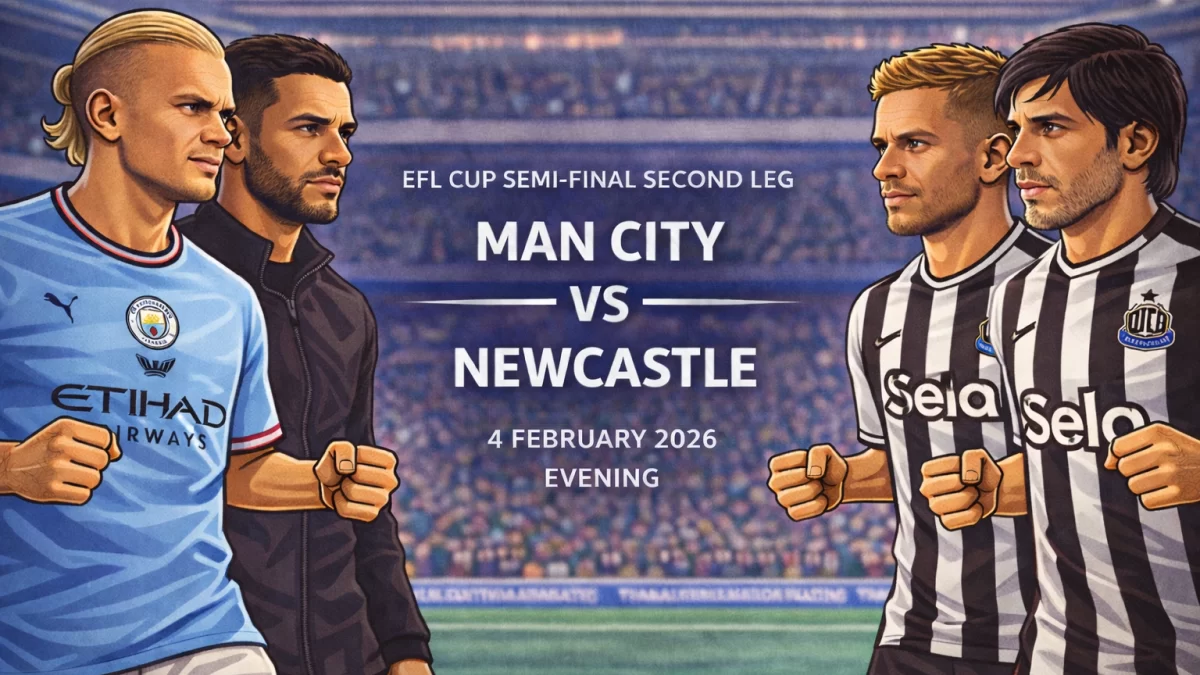 Caricature illustration of 🏆 Manchester City vs Newcastle United ahead of EFL Cup SF 2nd Leg match on 4 February 2026
