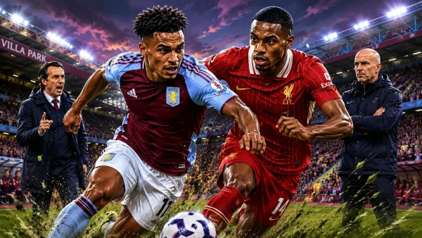 Aston Villa vs Liverpool prediction caricature illustration featuring Ollie Watkins, Alexander Isak, Unai Emery and Arne Slot at Villa Park