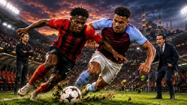 Freiburg vs Aston Villa prediction caricature illustration featuring Johan Manzambi, Ollie Watkins, Julian Schuster and Unai Emery in the Europa League final