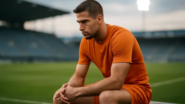 A footballer in Netherlands training colours sits on a bench inside a stadium, looking disappointed.