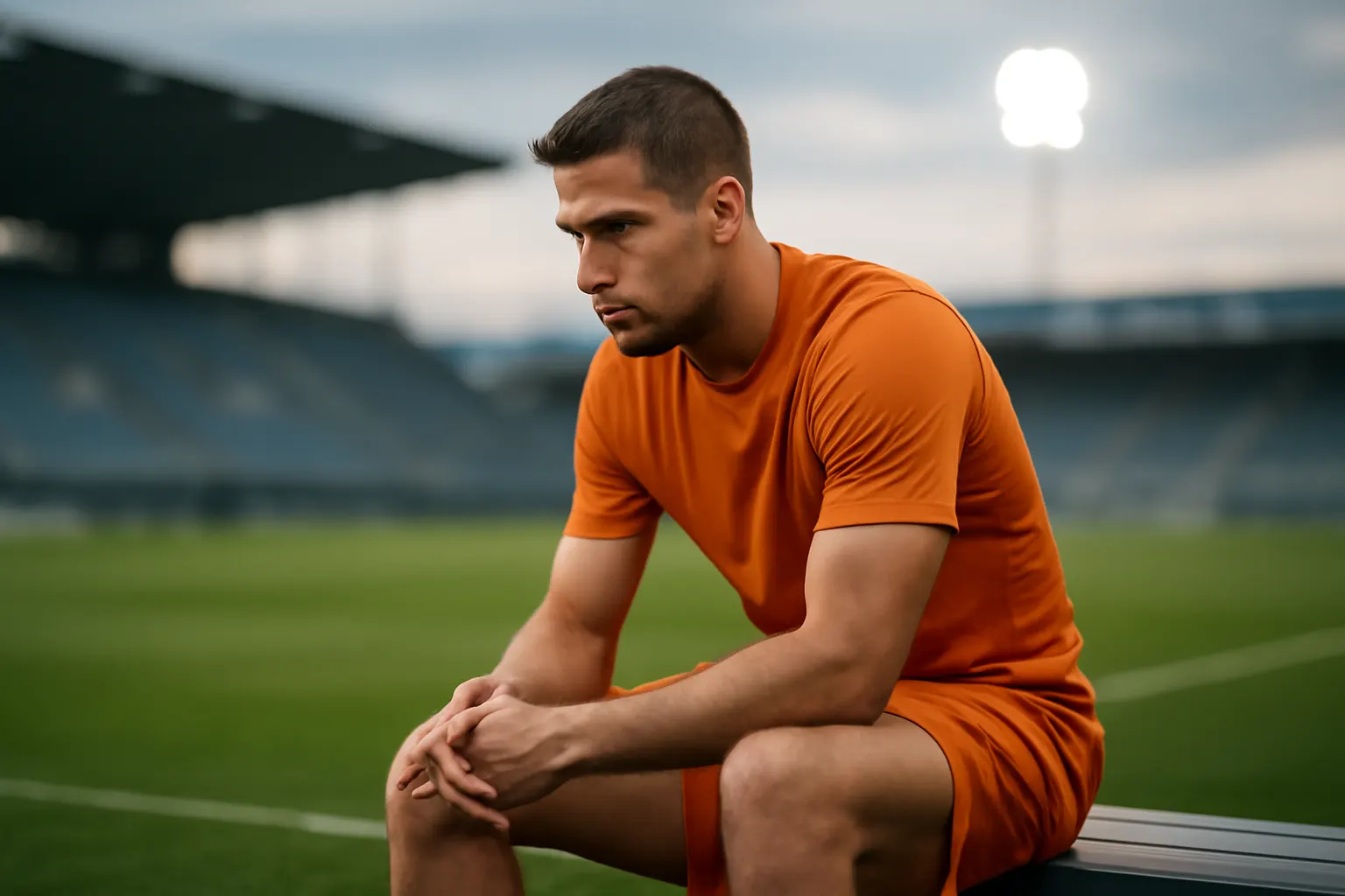 A footballer in Netherlands training colours sits on a bench inside a stadium, looking disappointed.
