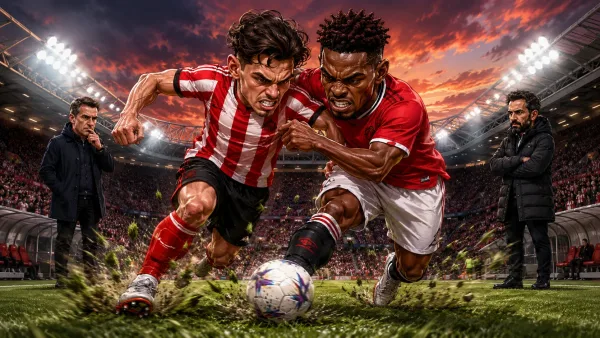 Sunderland vs Manchester United prediction caricature illustration for Premier League match at Stadium of Light on 9 May 2026