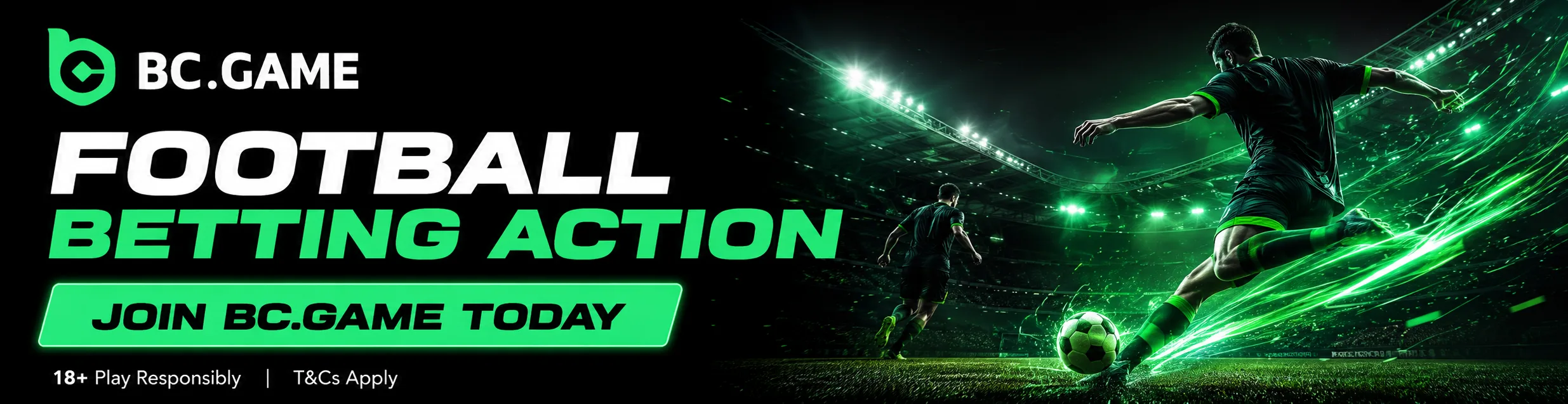 BC.Game football betting action banner with players celebrating in a neon green stadium, promoting responsible 18+ play and T&Cs.