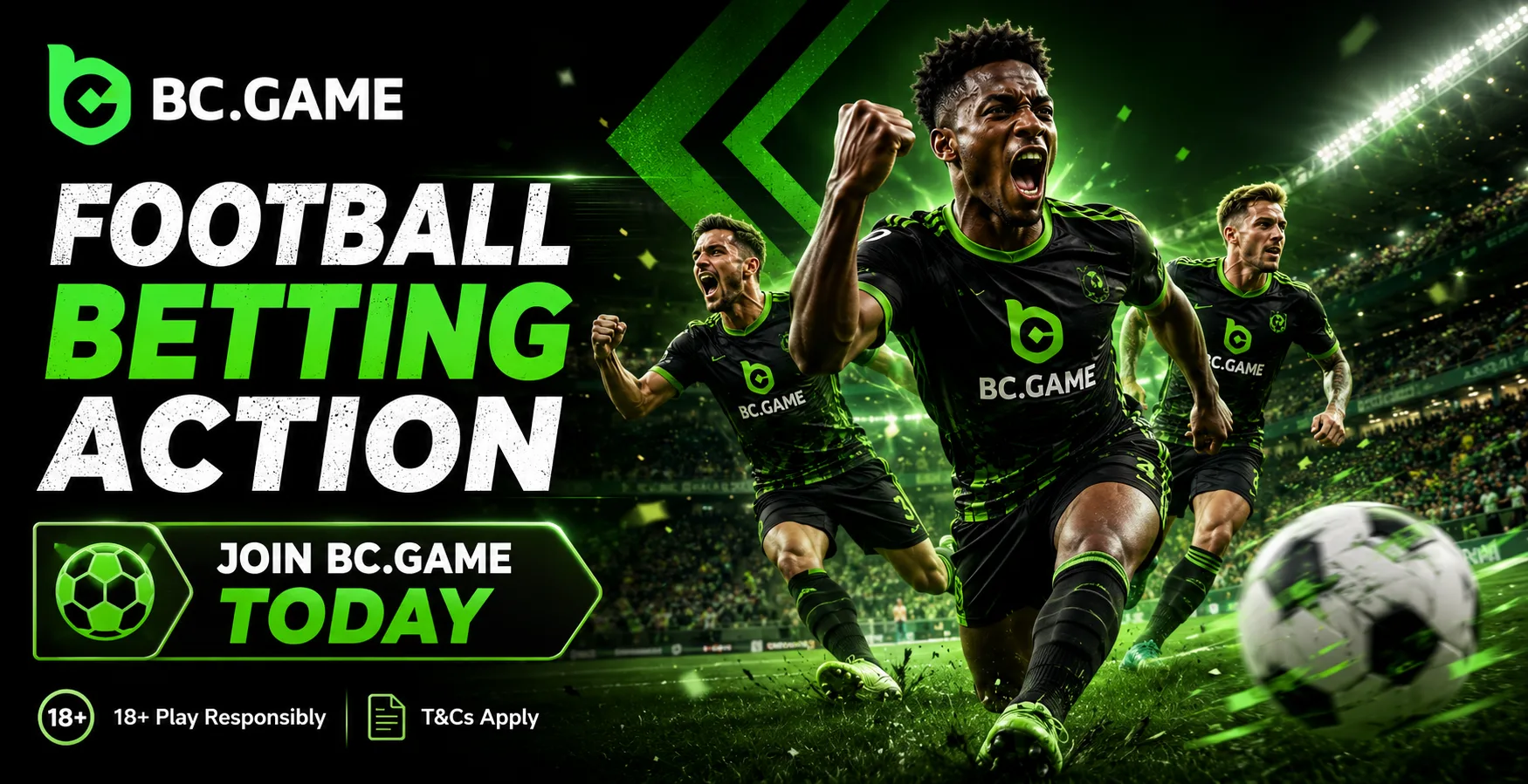 BC.Game football betting action banner with players celebrating in a neon green stadium, promoting responsible 18+ play and T&Cs.