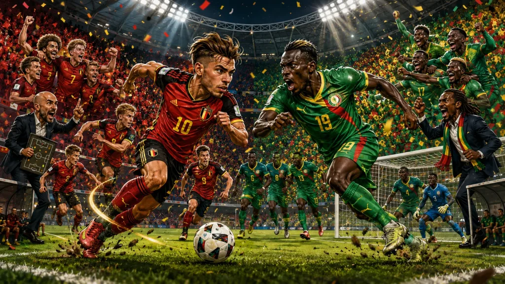 Fictional Belgium and Senegal players in a dramatic World Cup 2026 last-32 preview scene