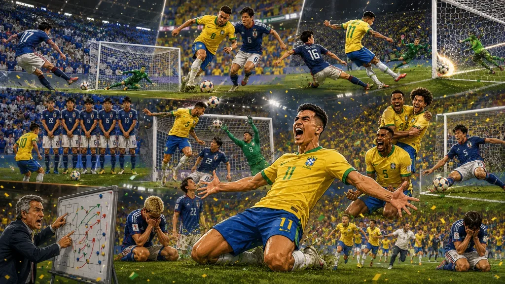 Gabriel Martinelli celebrates after scoring Brazil's late winner against Japan at World Cup 2026
