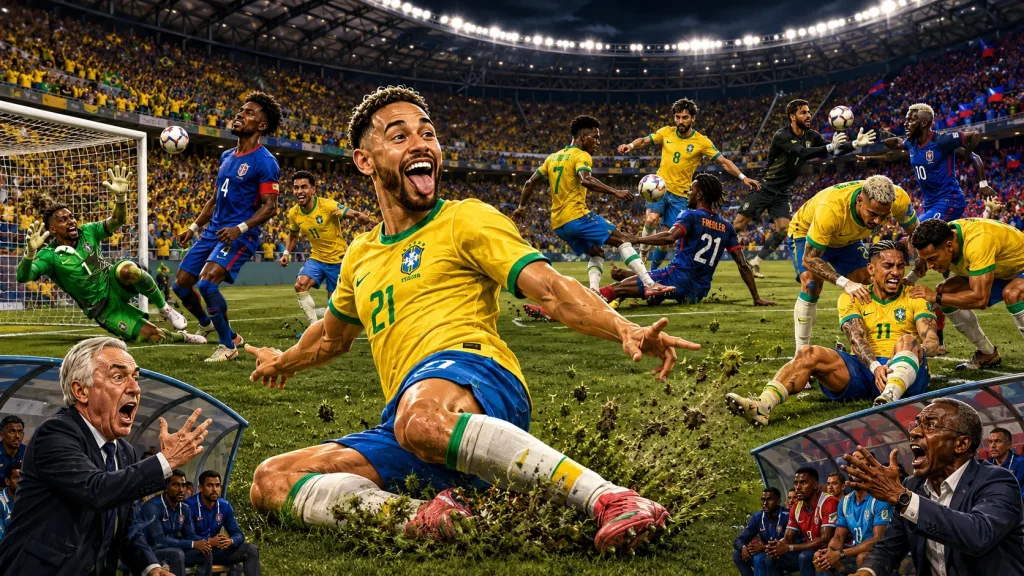 Brazil 3-0 Haiti World Cup 2026 result with Matheus Cunha scoring twice and Vinicius Junior celebrating