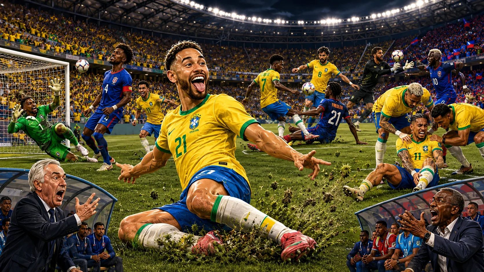 Brazil 3-0 Haiti World Cup 2026 result with Matheus Cunha scoring twice and Vinicius Junior celebrating