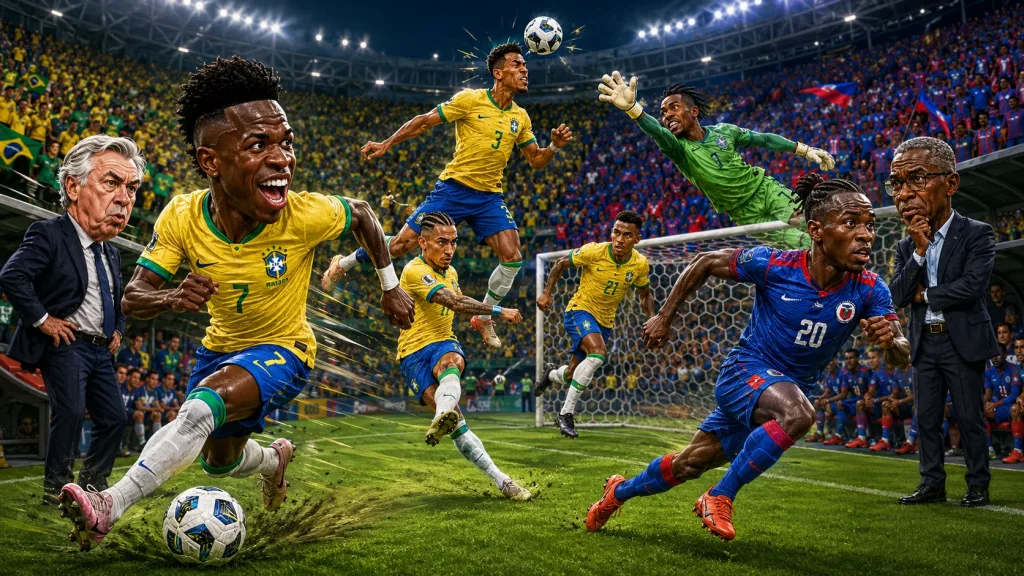 Brazil vs Haiti World Cup 2026 prediction with Vinicius Junior Raphinha Matheus Cunha and Wilson Isidor