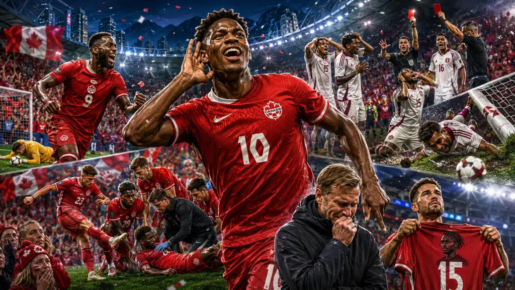 onathan David celebrates his hat-trick in Canada 6-0 Qatar at World Cup 2026 as teammates support injured Ismael Kone