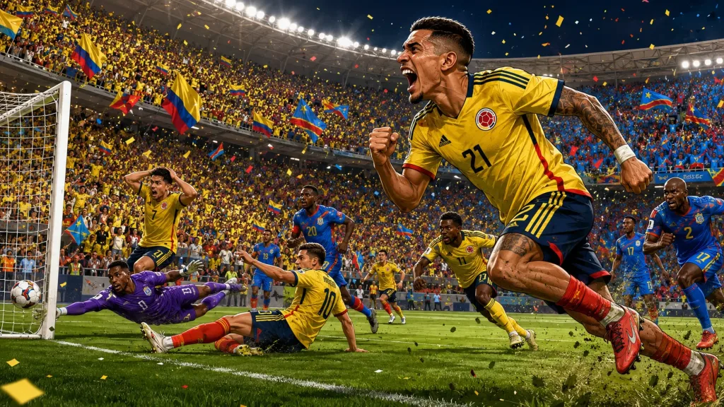 Colombia vs DR Congo 1-0 World Cup 2026 result with Daniel Munoz scoring a deflected winner in Guadalajara