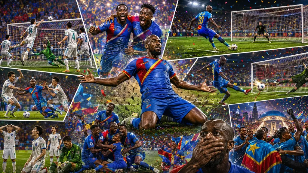 DR Congo players celebrate after beating Uzbekistan 3-1 to reach the World Cup 2026 knockout stage