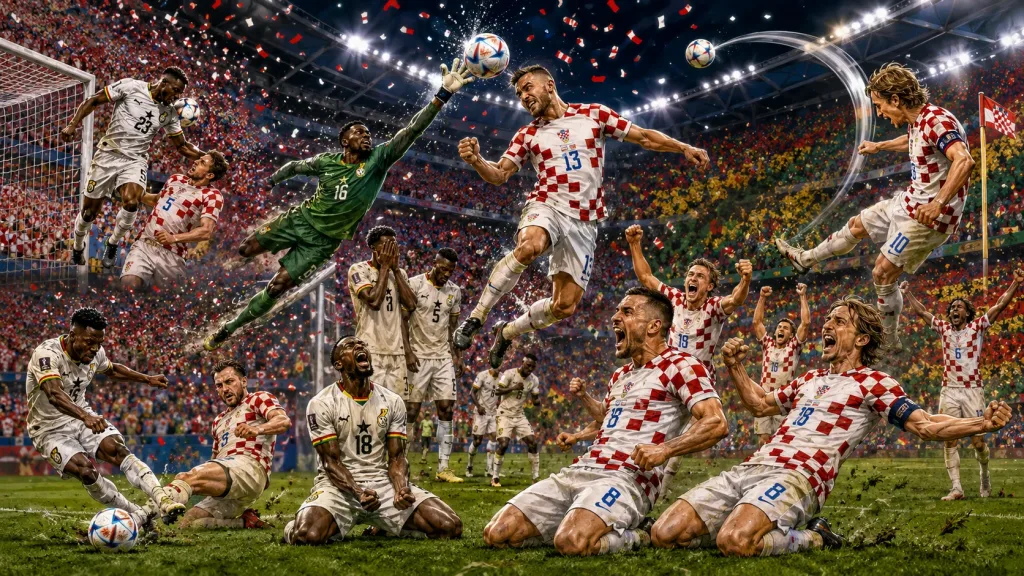 Croatia players celebrate after Nikola Vlašić's late winner against Ghana at World Cup 2026