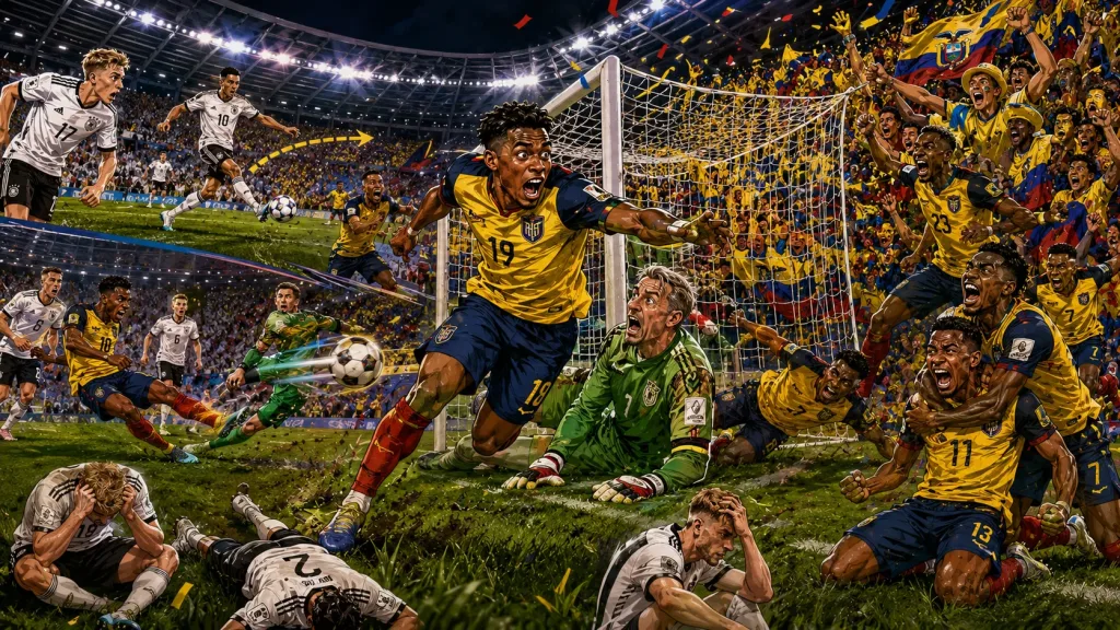 Ecuador players celebrate after Gonzalo Plata scores the winning goal against Germany in a World Cup 2026 Group E match