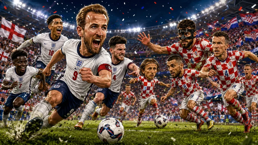 England vs Croatia World Cup 2026 preview caricature with Harry Kane, Jude Bellingham and Luka Modric