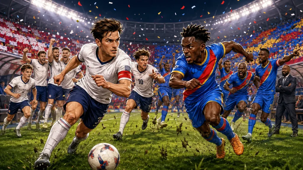 Fictional England and DR Congo players in a dramatic World Cup 2026 last-32 preview scene