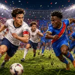 Fictional England and DR Congo players in a dramatic World Cup 2026 last-32 preview scene