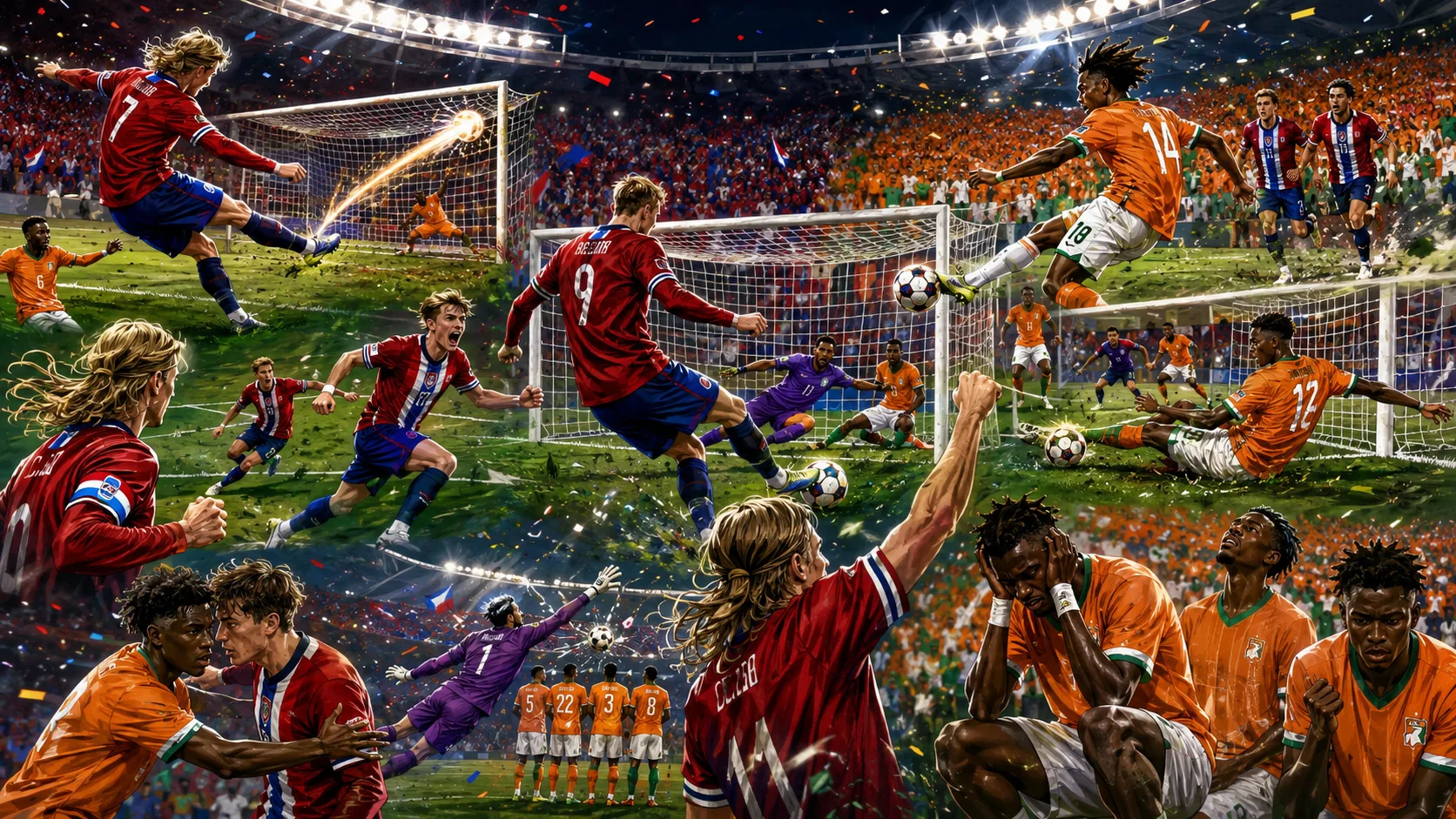 Norway players celebrate late winner against Ivory Coast at World Cup 2026