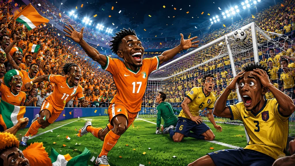Amad Diallo celebrates after scoring a late winner for Ivory Coast against Ecuador in a World Cup match in Philadelphia.