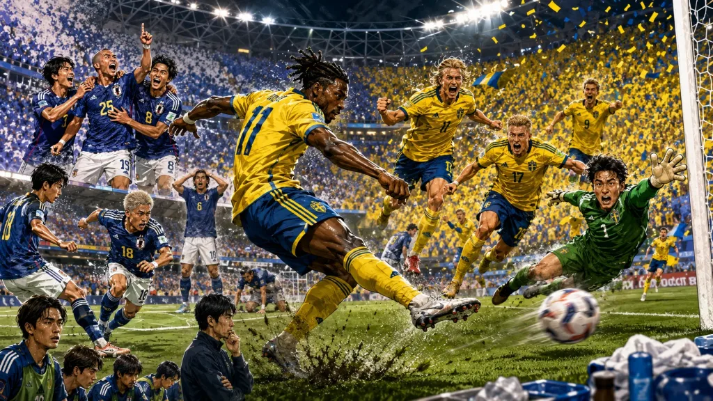 Anthony Elanga celebrates after scoring for Sweden against Japan in a World Cup 2026 Group F match
