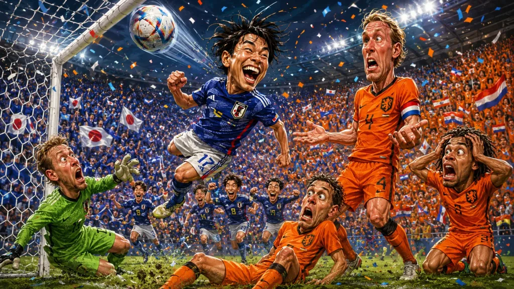Daichi Kamada celebrates after scoring a late header for Japan in a 2-2 World Cup draw against the Netherlands in Dallas.