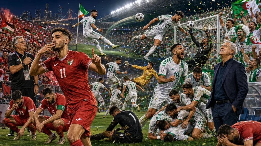 Jordan 1-2 Algeria World Cup 2026 result with Amine Gouiri Nadhir Benbouali and Riyad Mahrez celebrating comeback win