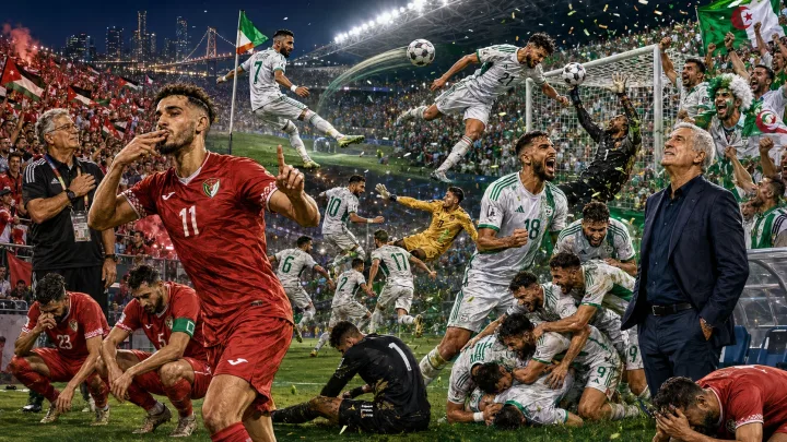 Jordan 1-2 Algeria World Cup 2026 result with Amine Gouiri Nadhir Benbouali and Riyad Mahrez celebrating comeback win
