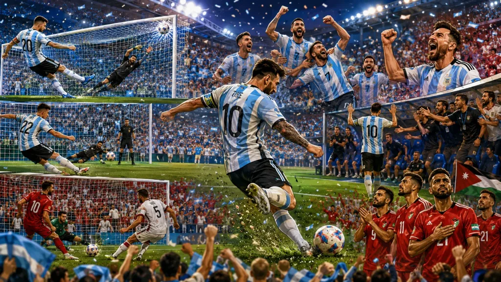 Argentina players celebrate during a 3-1 World Cup 2026 win over Jordan in Dallas