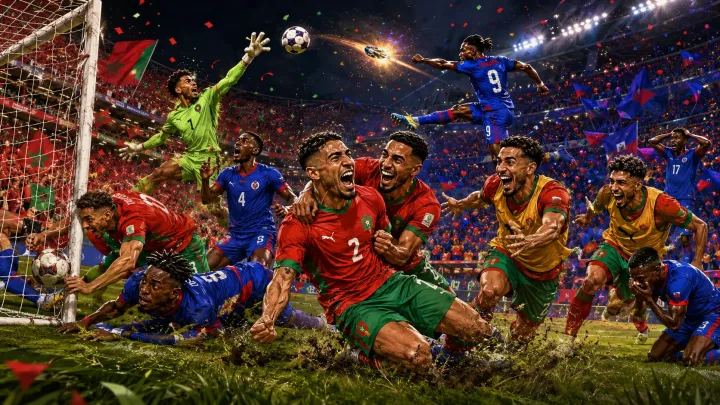 Morocco players celebrate late goals against Haiti in a dramatic World Cup 2026 Group C match in Atlanta