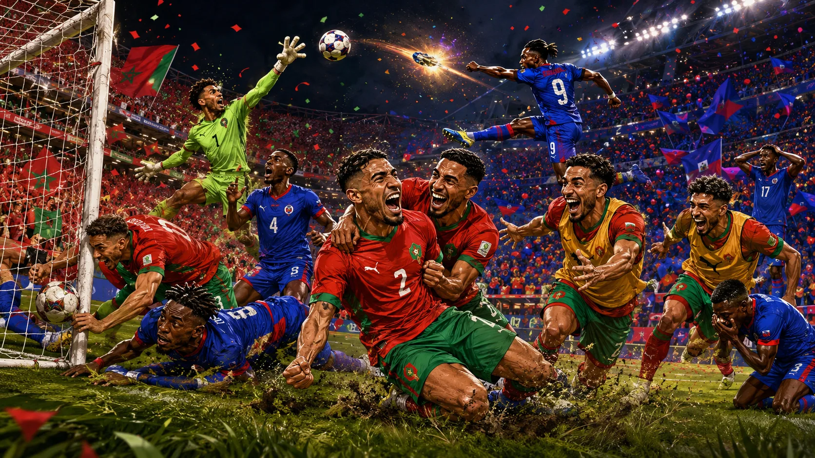 Morocco players celebrate late goals against Haiti in a dramatic World Cup 2026 Group C match in Atlanta