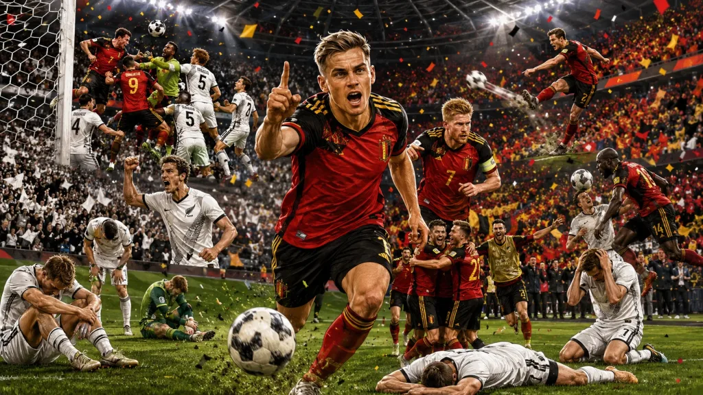 Belgium players celebrate during a 5-1 World Cup 2026 win over New Zealand in Vancouver