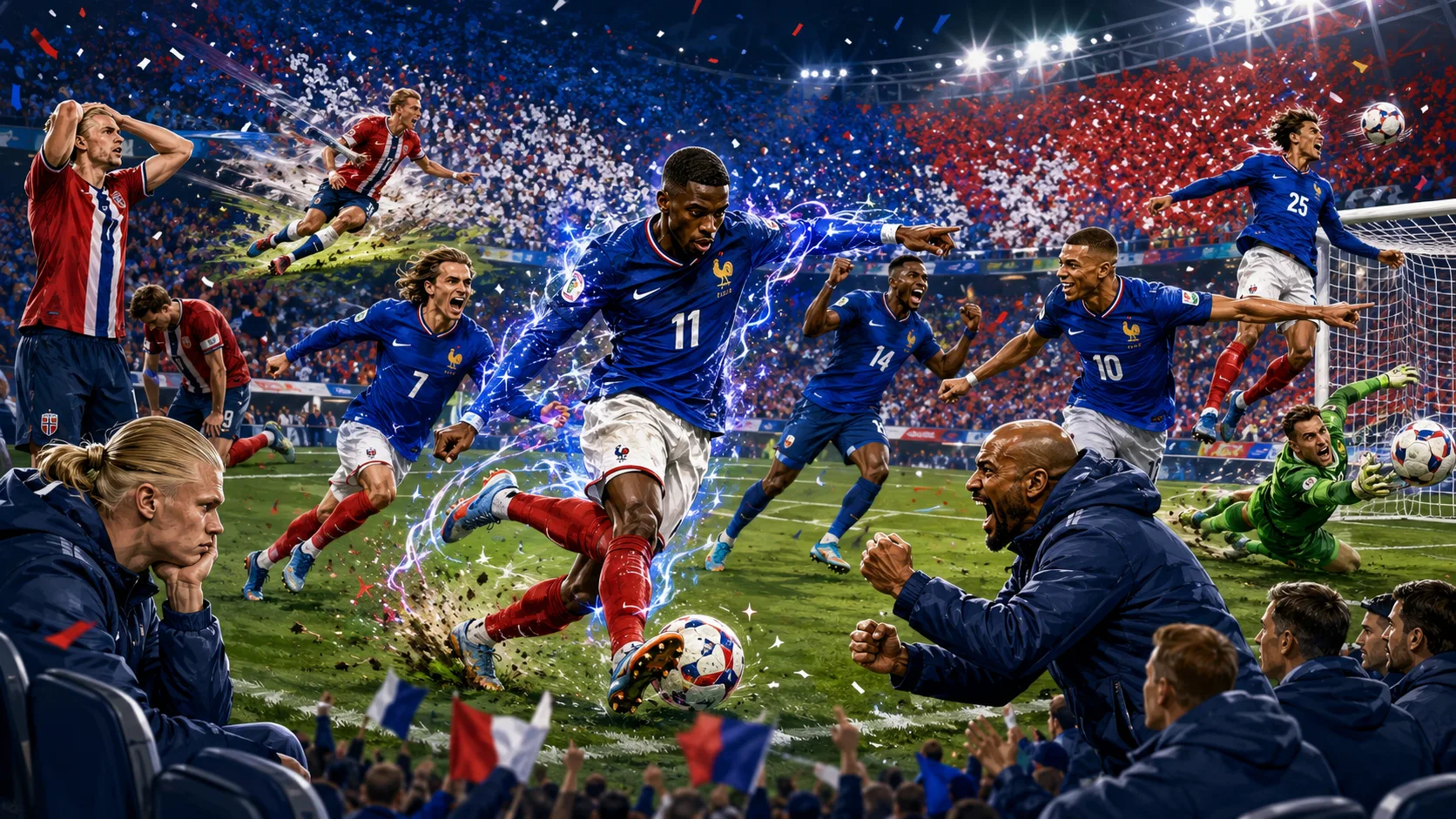 Ousmane Dembélé celebrates after scoring a hat-trick for France against Norway in a World Cup 2026 Group I match