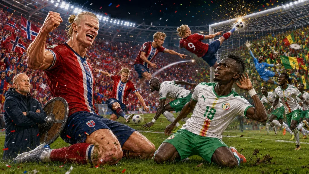 Norway 3-2 Senegal World Cup 2026 result with Erling Haaland celebrating after scoring in a five-goal thriller