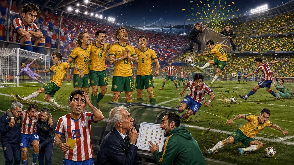 Australia players celebrate qualification after a 0-0 draw with Paraguay in a World Cup 2026 Group D match