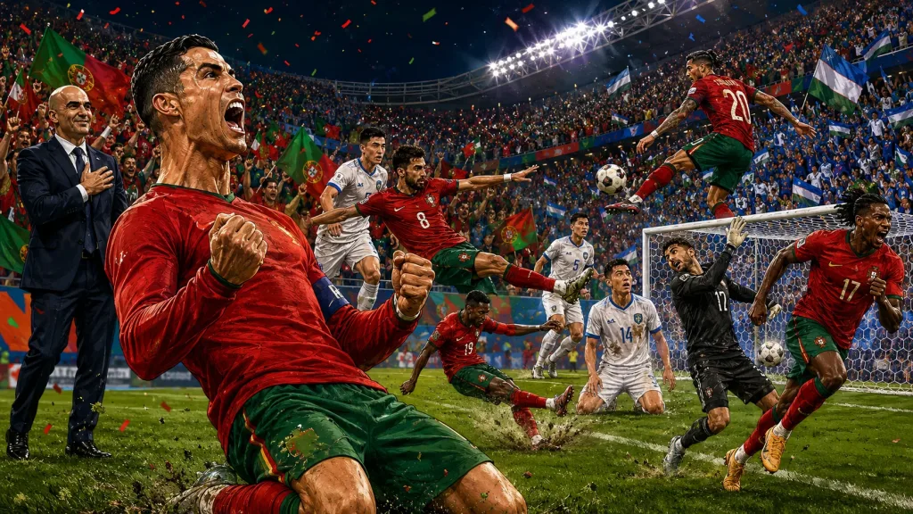 Semi-realistic caricature-style football illustration showing Cristiano Ronaldo celebrating for Portugal after scoring twice against Uzbekistan at the 2026 World Cup, with Joao Cancelo crossing, Nuno Mendes scoring from a free-kick, Bruno Fernandes assisting, Rafael Leao striking late, and a packed Houston stadium under floodlights.