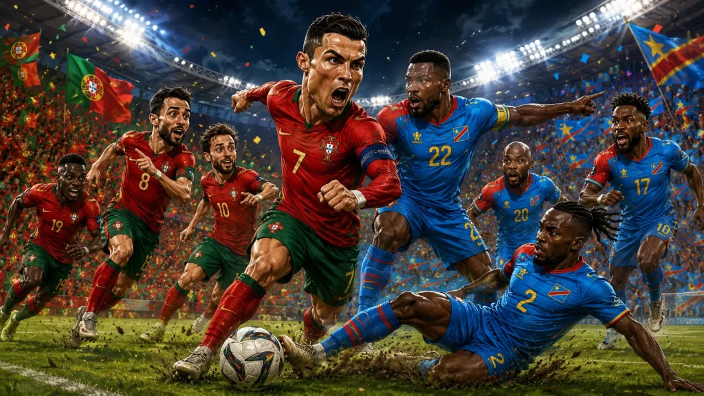 Portugal vs Congo DR World Cup 2026 preview caricature with Cristiano Ronaldo and Congo DR defenders in Houston