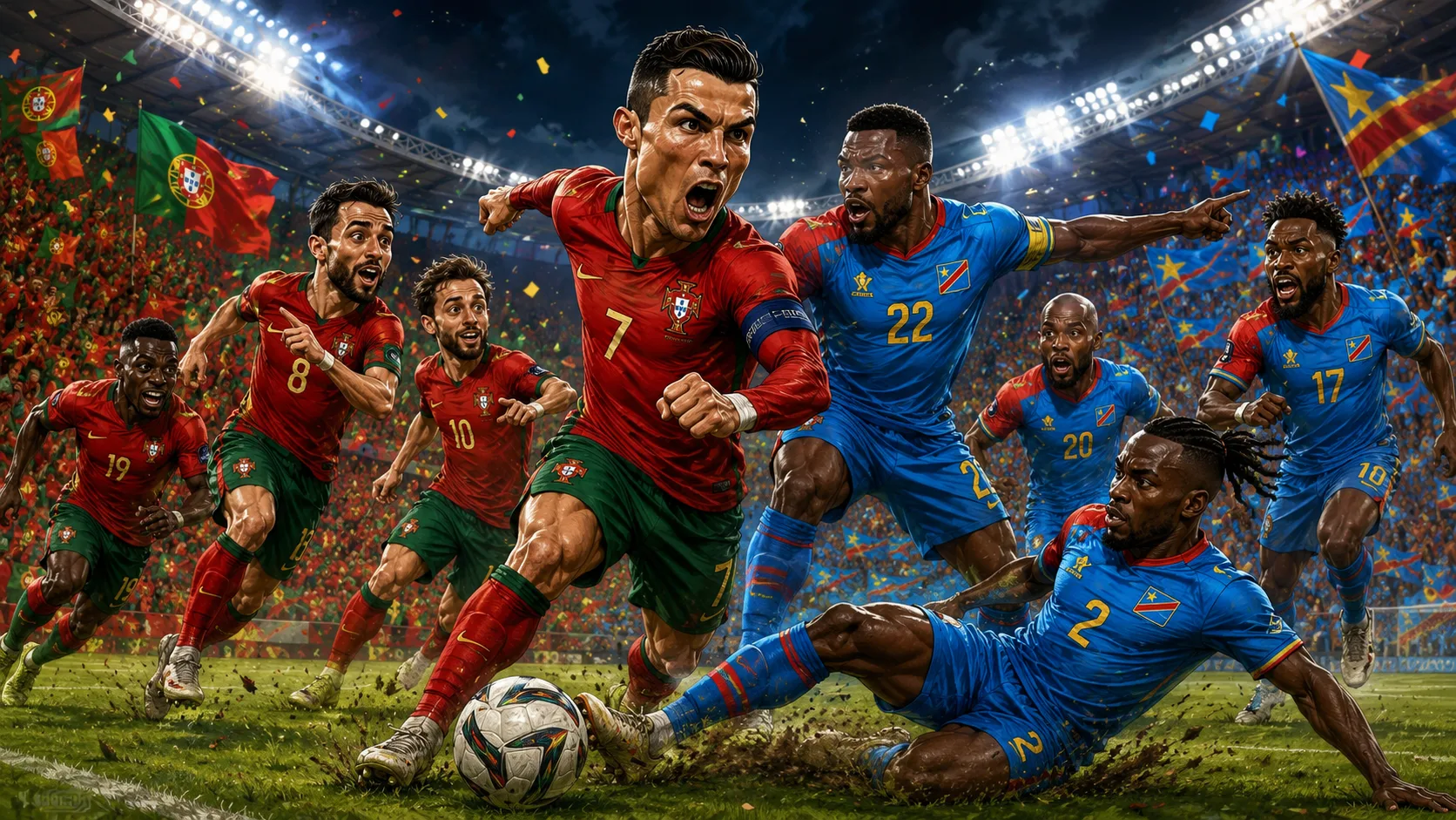 Portugal vs Congo DR World Cup 2026 preview caricature with Cristiano Ronaldo and Congo DR defenders in Houston