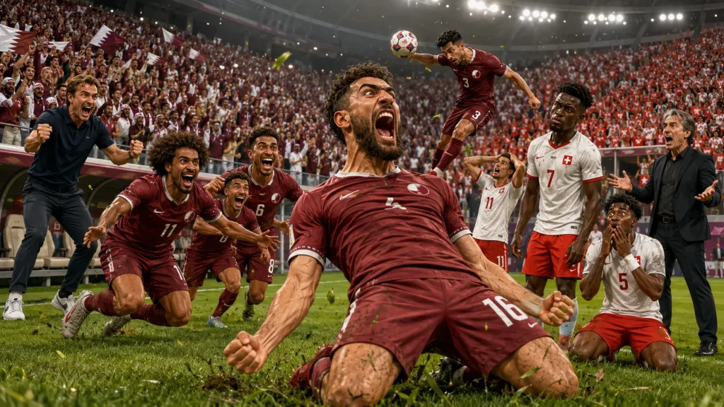 Qatar 1-1 Switzerland World Cup 2026 result with Boualem Khoukhi celebrating stoppage-time equaliser