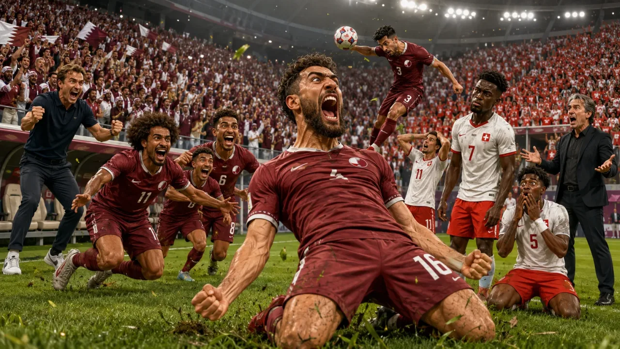Qatar 1-1 Switzerland World Cup 2026 result with Boualem Khoukhi celebrating stoppage-time equaliser