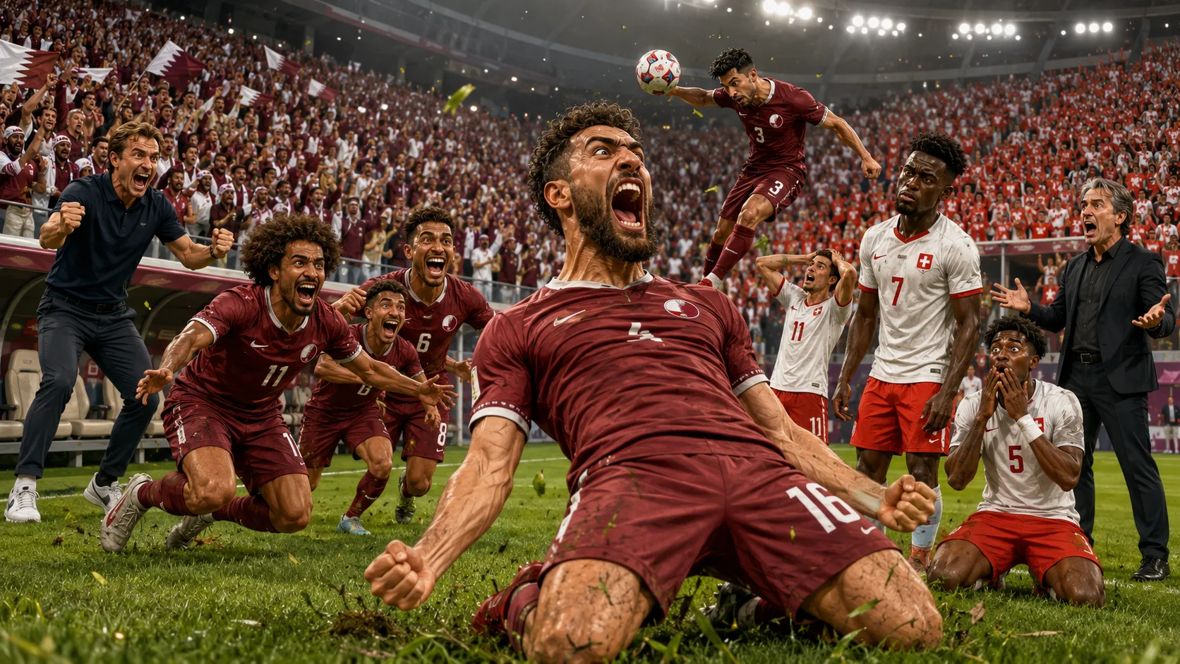 Qatar 1-1 Switzerland World Cup 2026 result with Boualem Khoukhi celebrating stoppage-time equaliser