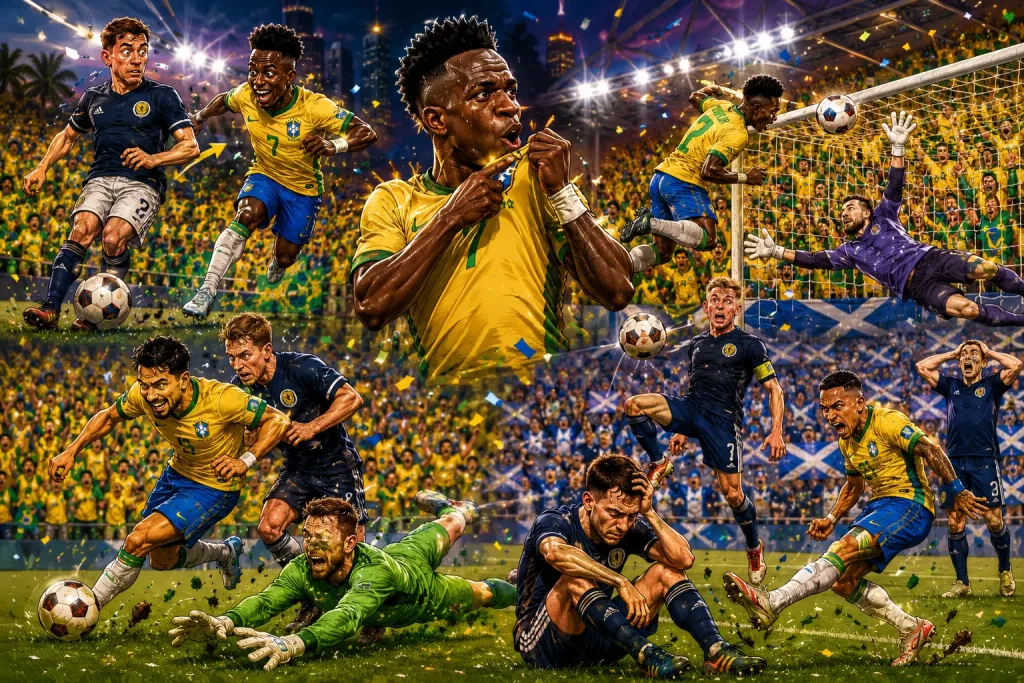 Brazil players celebrate against Scotland after Vinicius Jr scores in a World Cup 2026 Group C match in Miami