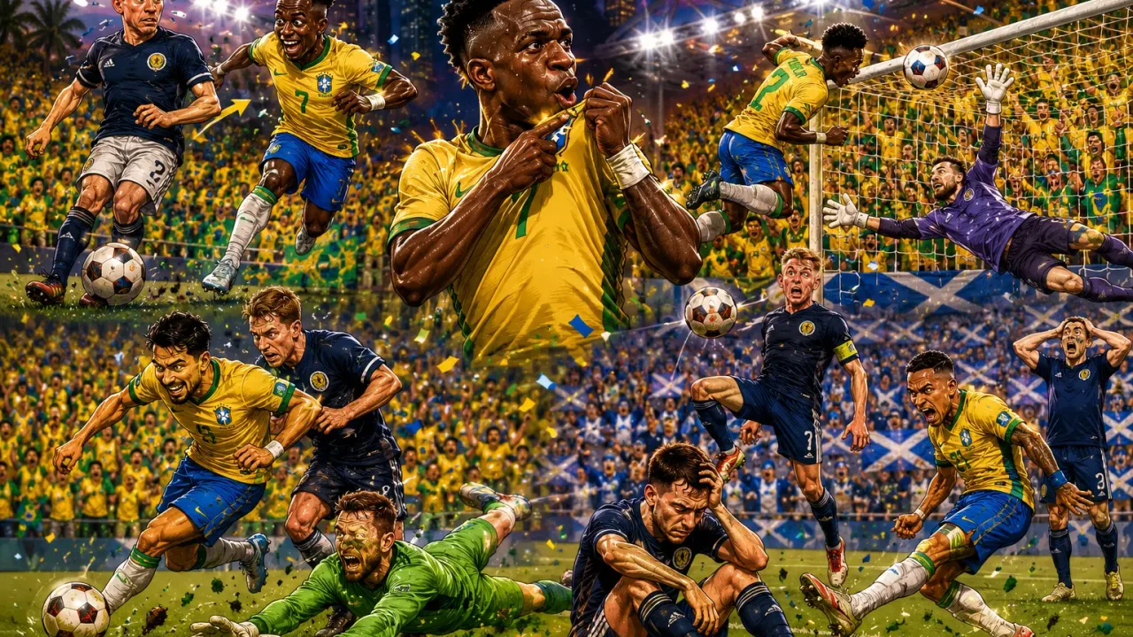 Brazil players celebrate against Scotland after Vinicius Jr scores in a World Cup 2026 Group C match in Miami