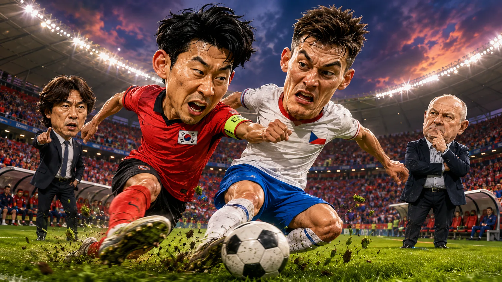 South Korea vs Czech Republic prediction caricature illustration featuring Son Heung-min, Patrik Schick, Hong Myung-bo and Miroslav Koubek in Guadalajara
