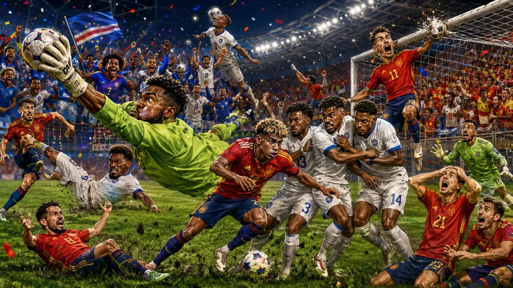Spain 0-0 Cape Verde World Cup 2026 result with Vozinha making saves and Cape Verde celebrating historic draw