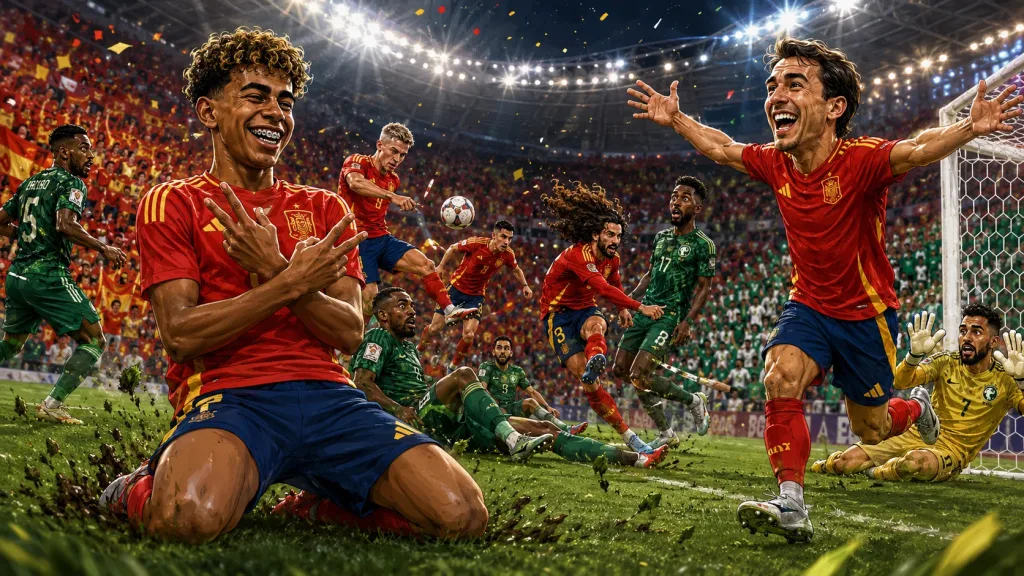 Spain 4-0 Saudi Arabia World Cup 2026 result with Lamine Yamal and Mikel Oyarzabal celebrating Spain victory