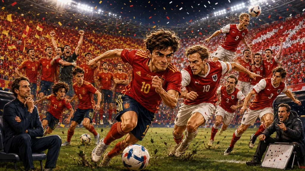Fictional Spain and Austria players in a dramatic World Cup 2026 last-32 preview scene