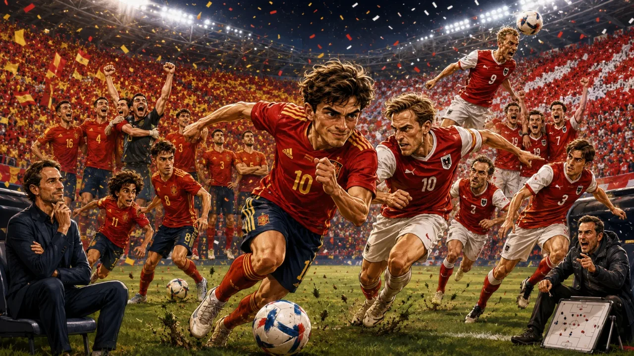 Fictional Spain and Austria players in a dramatic World Cup 2026 last-32 preview scene