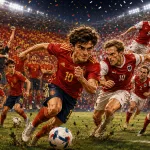 Fictional Spain and Austria players in a dramatic World Cup 2026 last-32 preview scene