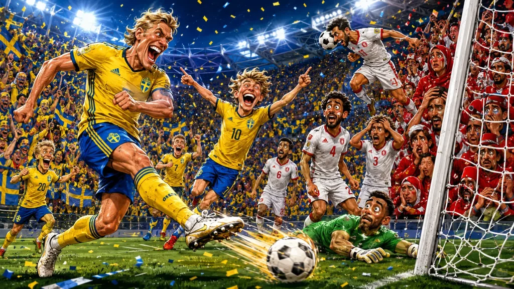 Alexander Isak and Yasin Ayari celebrate as Sweden beat Tunisia 5-1 in their World Cup Group F opener in Monterrey.